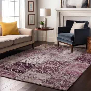 3' X 5' Burgundy And Ivory Patchwork Washable Area Rug With UV Protection
