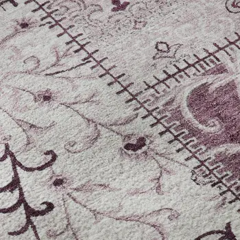 8' Burgundy And Ivory Patchwork Washable Round Rug With UV Protection