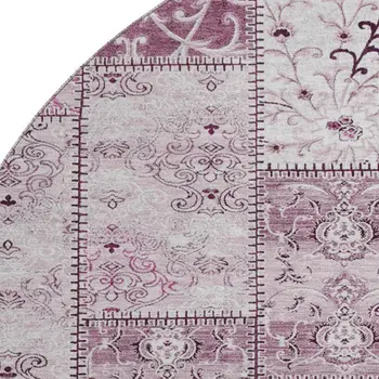 8' Burgundy And Ivory Patchwork Washable Round Rug With UV Protection