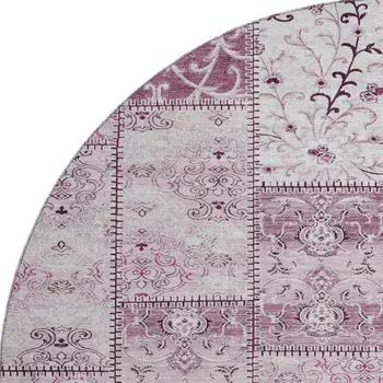 8' Burgundy And Ivory Patchwork Washable Round Rug With UV Protection