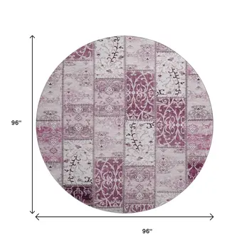 8' Burgundy And Ivory Patchwork Washable Round Rug With UV Protection
