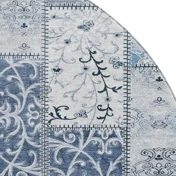 8' Denim Blue And Ivory Patchwork Washable Round Rug With UV Protection