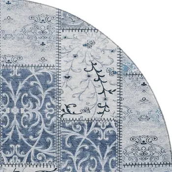 8' Denim Blue And Ivory Patchwork Washable Round Rug With UV Protection