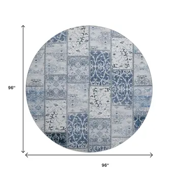 8' Denim Blue And Ivory Patchwork Washable Round Rug With UV Protection