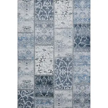 9' X 12' Denim Blue And Ivory Patchwork Washable Area Rug With UV Protection