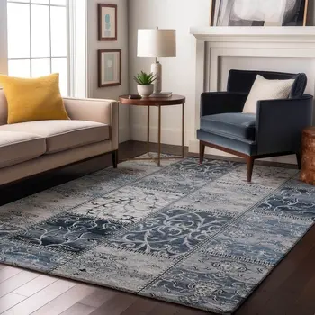 10' X 14' Denim Blue And Ivory Patchwork Washable Area Rug With UV Protection