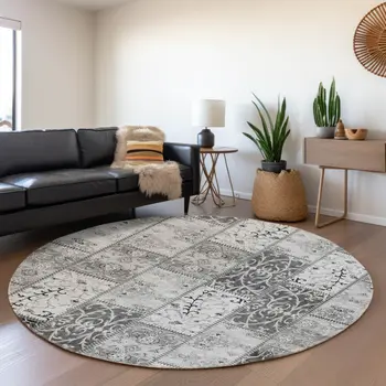 8' Gray And Ivory Patchwork Washable Round Rug With UV Protection