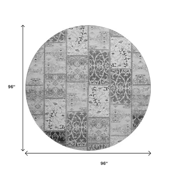 8' Gray And Ivory Patchwork Washable Round Rug With UV Protection