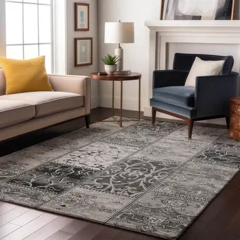 10' X 14' Gray And Ivory Patchwork Washable Area Rug With UV Protection