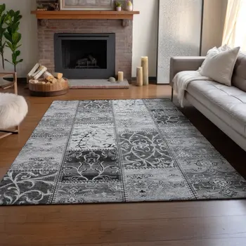 10' X 14' Gray And Ivory Patchwork Washable Area Rug With UV Protection