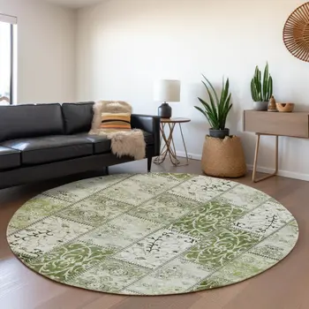 8' Green And Ivory Patchwork Washable Round Rug With UV Protection