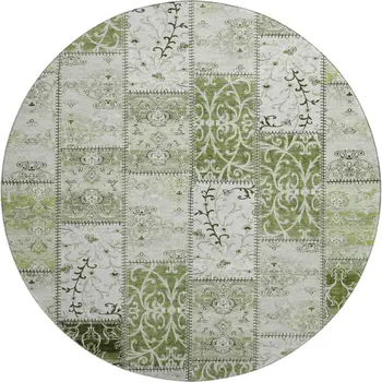 8' Green And Ivory Patchwork Washable Round Rug With UV Protection