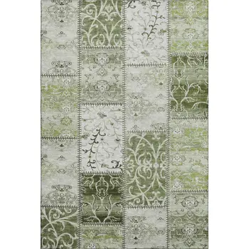 8' X 10' Green And Ivory Patchwork Washable Area Rug With UV Protection