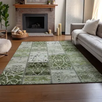 8' X 10' Green And Ivory Patchwork Washable Area Rug With UV Protection
