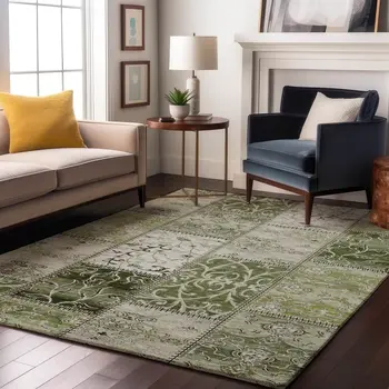 9' X 12' Green And Ivory Patchwork Washable Area Rug With UV Protection