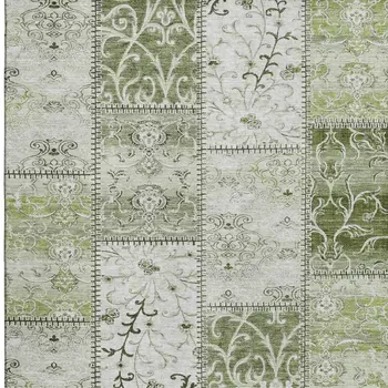 9' X 12' Green And Ivory Patchwork Washable Area Rug With UV Protection