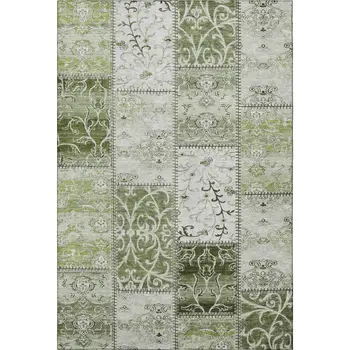 9' X 12' Green And Ivory Patchwork Washable Area Rug With UV Protection