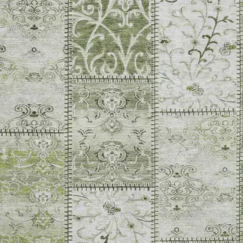 10' X 14' Green And Ivory Patchwork Washable Area Rug With UV Protection