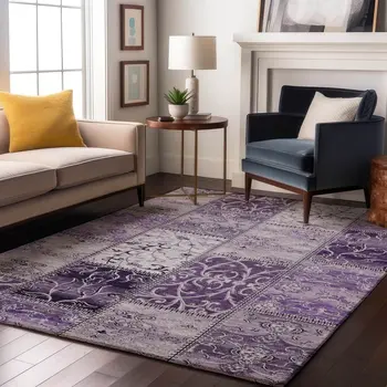 3' X 5' Purple And Ivory Patchwork Washable Area Rug With UV Protection