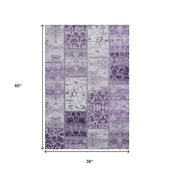 3' X 5' Purple And Ivory Patchwork Washable Area Rug With UV Protection