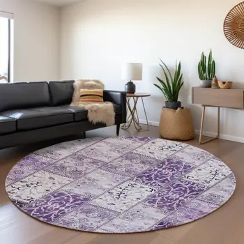 8' Purple And Ivory Patchwork Washable Round Rug With UV Protection