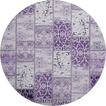 8' Purple And Ivory Patchwork Washable Round Rug With UV Protection