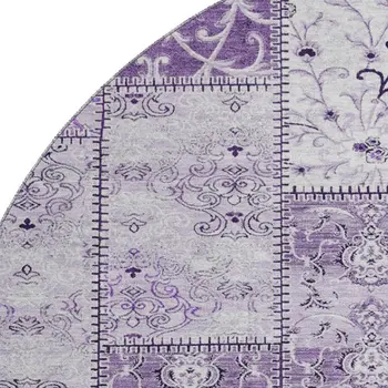 8' Purple And Ivory Patchwork Washable Round Rug With UV Protection