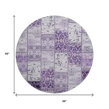 8' Purple And Ivory Patchwork Washable Round Rug With UV Protection