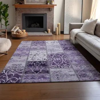 9' X 12' Purple And Ivory Patchwork Washable Area Rug With UV Protection