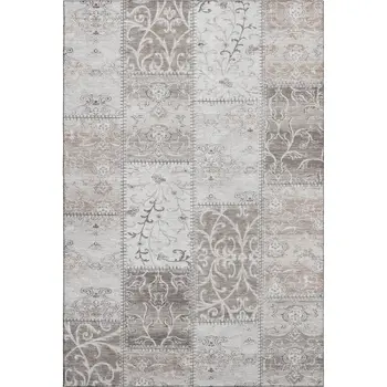 5' X 8' Taupe And Ivory Patchwork Washable Area Rug With UV Protection