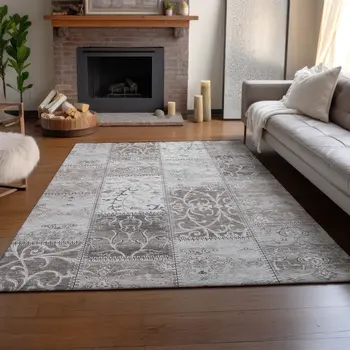 5' X 8' Taupe And Ivory Patchwork Washable Area Rug With UV Protection