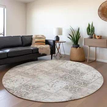 8' Taupe And Ivory Patchwork Washable Round Rug With UV Protection