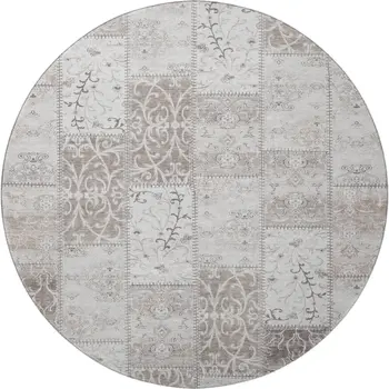 8' Taupe And Ivory Patchwork Washable Round Rug With UV Protection