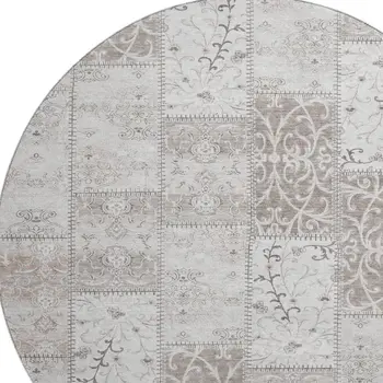 8' Taupe And Ivory Patchwork Washable Round Rug With UV Protection