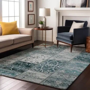 3' X 5' Teal And Ivory Patchwork Washable Area Rug With UV Protection