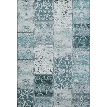 3' X 5' Teal And Ivory Patchwork Washable Area Rug With UV Protection