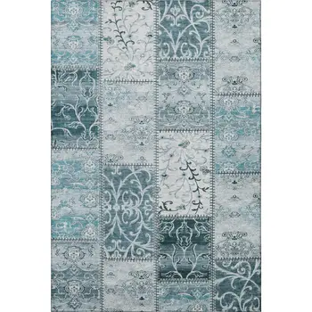 5' X 8' Teal And Ivory Patchwork Washable Area Rug With UV Protection