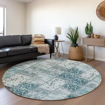 8' Teal And Ivory Patchwork Washable Round Rug With UV Protection