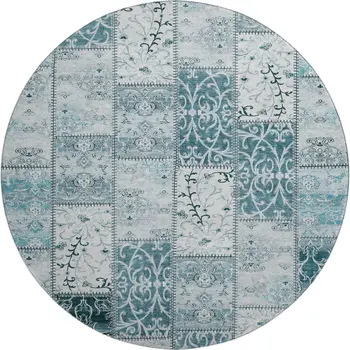 8' Teal And Ivory Patchwork Washable Round Rug With UV Protection