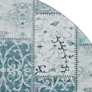 8' Teal And Ivory Patchwork Washable Round Rug With UV Protection