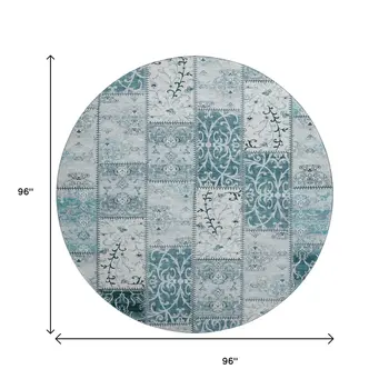 8' Teal And Ivory Patchwork Washable Round Rug With UV Protection