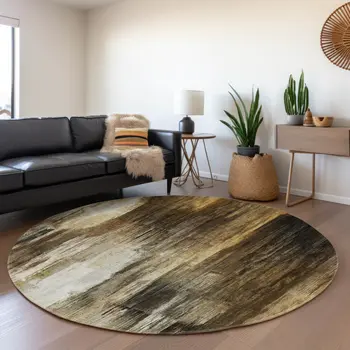 8' Chocolate Gray And Ivory Abstract Washable Round Rug With UV Protection