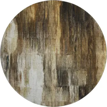 8' Chocolate Gray And Ivory Abstract Washable Round Rug With UV Protection