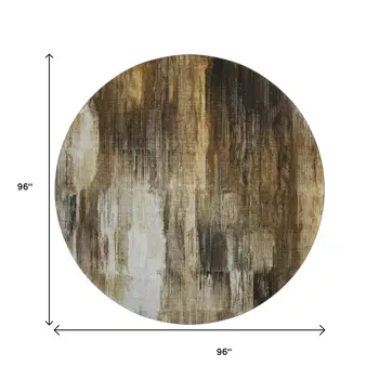 8' Chocolate Gray And Ivory Abstract Washable Round Rug With UV Protection