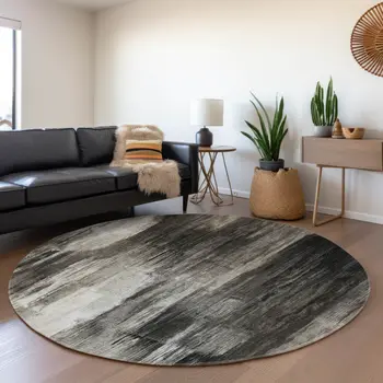 8' Gray And Ivory Abstract Washable Round Rug With UV Protection