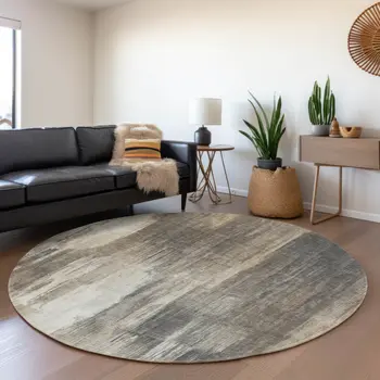8' Taupe And Ivory Abstract Washable Round Rug With UV Protection