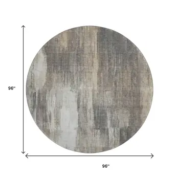 8' Taupe And Ivory Abstract Washable Round Rug With UV Protection