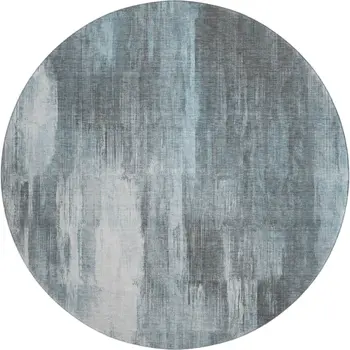 8' Teal And Ivory Abstract Washable Round Rug With UV Protection