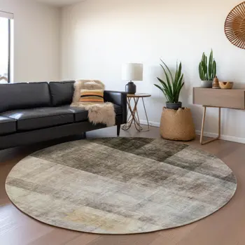 8' Brown And Ivory Abstract Washable Round Rug With UV Protection