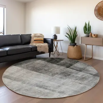 8' Gray And Ivory Abstract Washable Round Rug With UV Protection